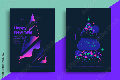 New Year greeting card design with stylized christmas tree. Colorful neon colors Xmas. Vector illustration