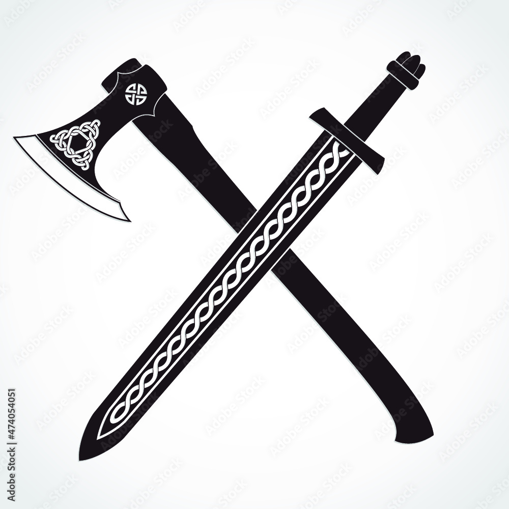 crossed viking ornamental sword and axe heraldry logo vector de Stock
