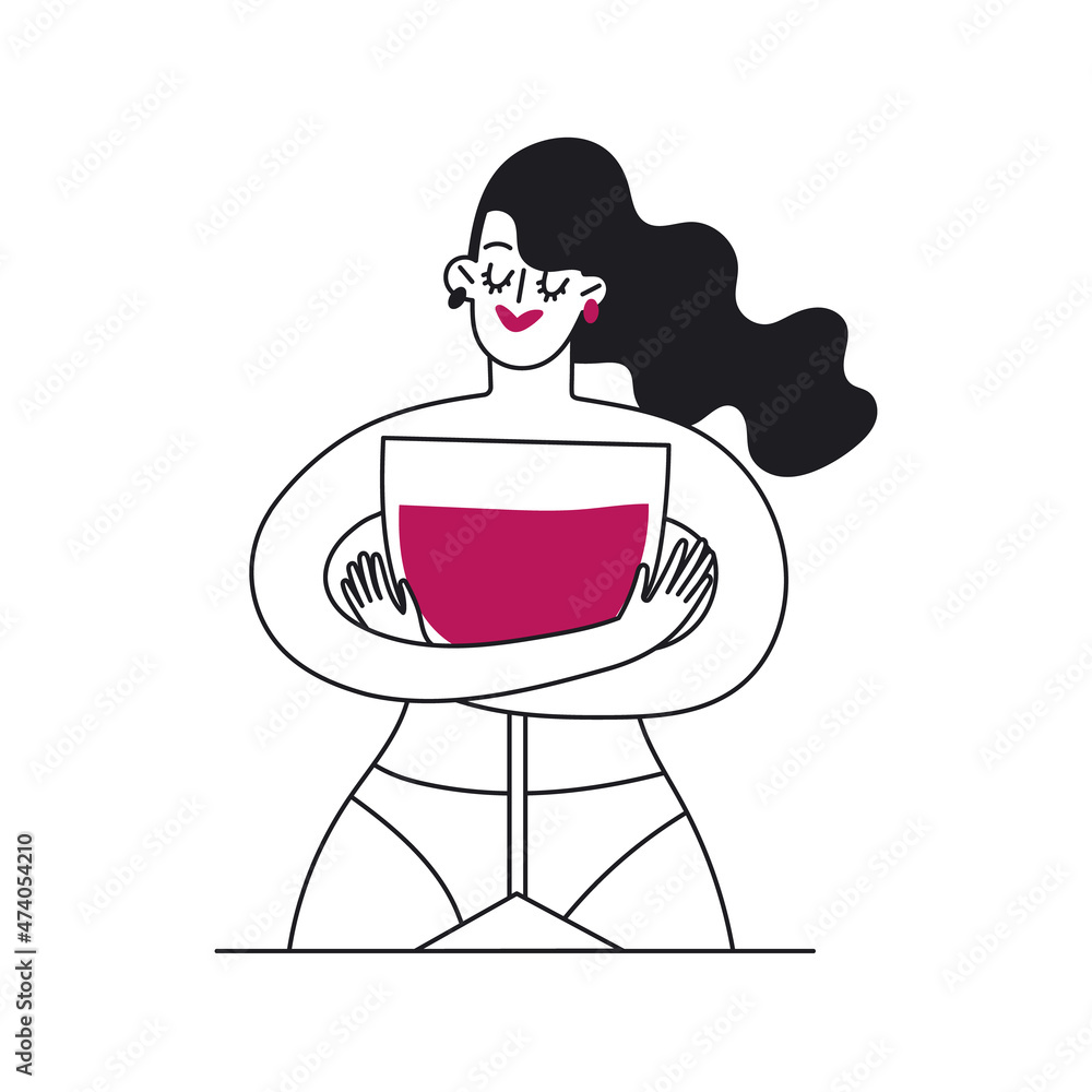 Doodle female character holding red wine glass in hands. Wine lover concept. Young woman hugging big wineglass. Trendy hand drawn character drinking wine. Doodle female character holding red wine glass in hands. Wine lover concept. Young woman hugging big wineglass. Trendy hand drawn character drinking wine.