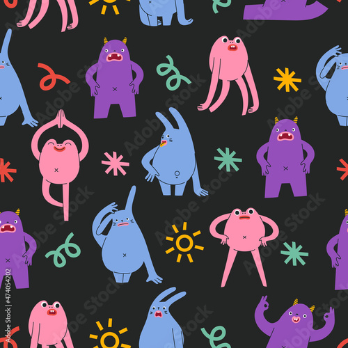 Seamless pattern with abstract monsters showing different emotions. Hand drawn trendy creatures in different poses. Cute background with mythical animals.