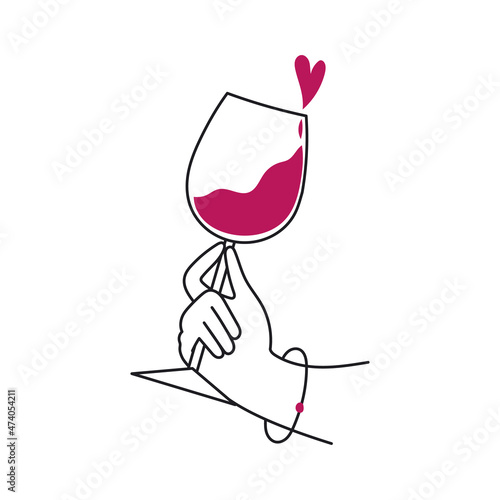 Doodle woman's hand holding a glass of red wine. Wine lovers, wine festival concept. Flat vector illustration with female handholding wineglass. Trendy print design.