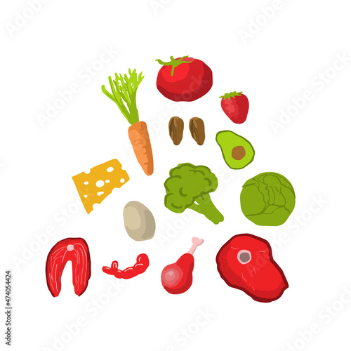 set of food products for keto diet in vector