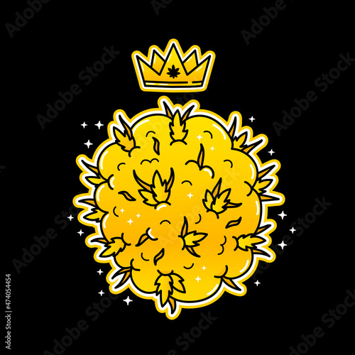 Shiny gold marijuana weed bud t-shirt print design. Vector hand drawn trendy cartoon logo illustration. Gold cannabis, weed,marijuana fashion print for t-shirt, poster, card, logo, sticker concept