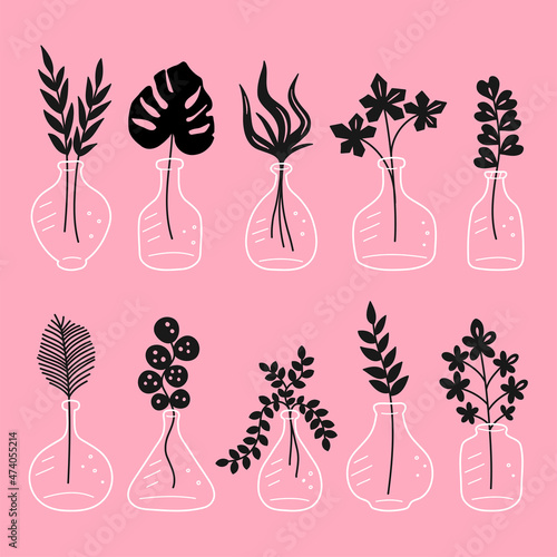 Leaves,flowers,plants and branches in bottles and vases seamless pattern. Vector hand drawn line scandinavian sketch style illustration. Home plant,leaves in glass vases print seamless pattern concept