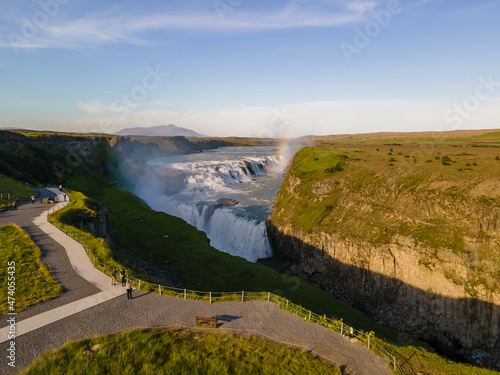 Beautiful aerial view of Iceland Gullfoss waterfall with a rainbow in the Golden Circule