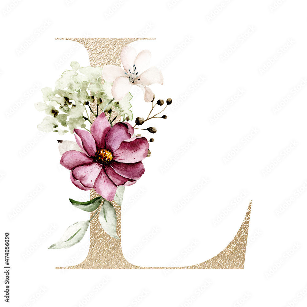 Alphabet, gold letter l with watercolor flowers and leaf. Golden ...