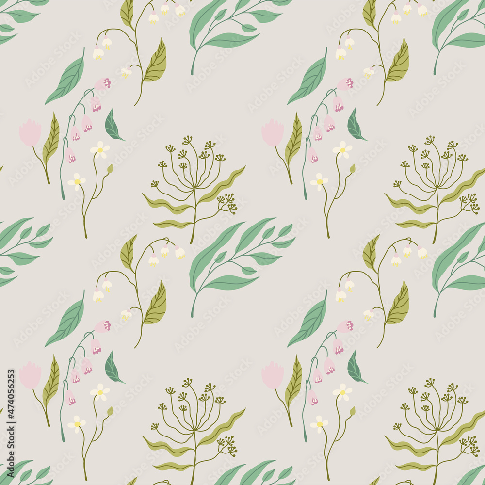 Seamless pattern with abstract modern flowers and leaves on gray background. For prints, backgrounds, wrapping paper, textile, linen, wallpaper, etc. Seamless pattern with abstract modern flowers and leaves on gray background. For prints, backgrounds, wrapping paper, textile, linen, wallpaper, etc.