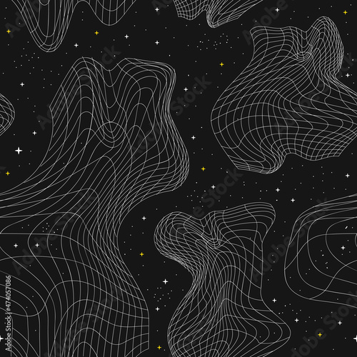 Deformed flex distorted grid in space, psychedelic acid lines seamless pattern.Vector graphic illustration.Psychedelic grid,distortion,techno,acid trippy seamless pattern print