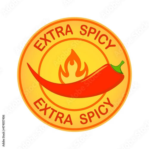 Extra spicy food label. Round sticker. Hot chili pepper icon.