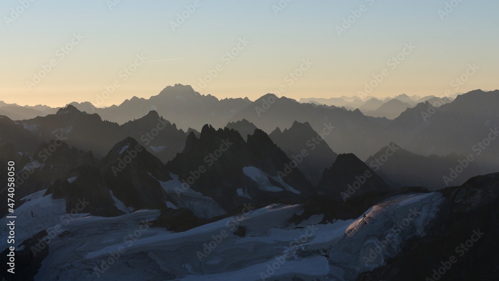 Sharp ountain ridges and valleys at sunrise. View from Mount Titlis, Obwalden.