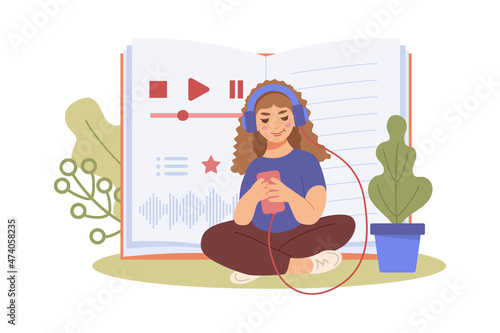 Girl with headphones listens to an audiobook through an mobile app on her phone. Electronic library. Concept of digital online books. Reading, distance learning, education. Vector illustration