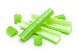 Fresh Chopped Celery Sticks and Slices with Water Drops Isolated on White Background. Vegan and Vegetarian Culture. Raw Food. Healthy Diet with Negative Calorie Content