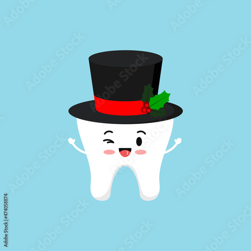 Chistmas tooth in snowman cylinder hat isolated on background. Dental holiday sign - cute white tooth with winter holiday black hat. Flat design cartoon vector stomatology illustration