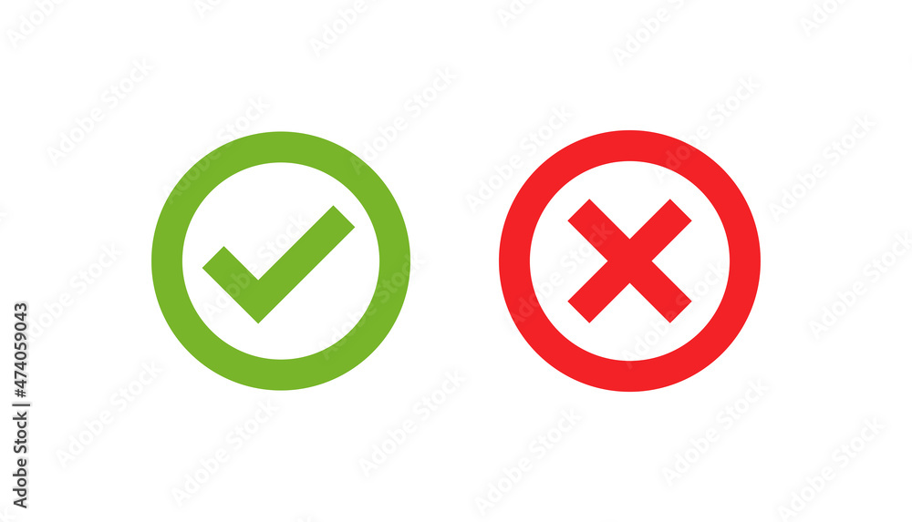 Set of check marks icons in a circle. Checkmark and cross in green and red. Tick marks: Accepted, Approved, Yes, Correct, Ok, Right Choices, Task Completion, Voting. Test question symbol. Set of check marks icons in a circle. Checkmark and cross in green and red. Tick marks: Accepted, Approved, Yes, Correct, Ok, Right Choices, Task Completion, Voting. Test question symbol.