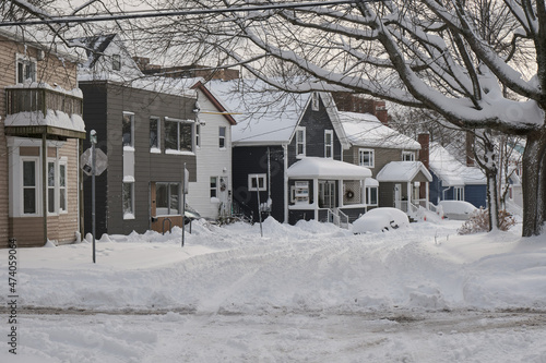Halifax, Canada covered in snow after first snowstorm of season. Snow covered residential street