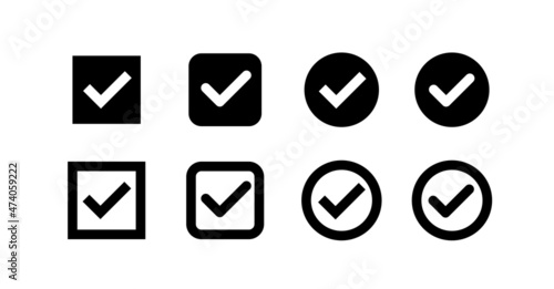 Set of check marks icons in a square, in a circle. Tick marks: Accepted, Approved, Yes, Correct, Ok, Right Choices, Task Completion, Voting. Test question symbol.
