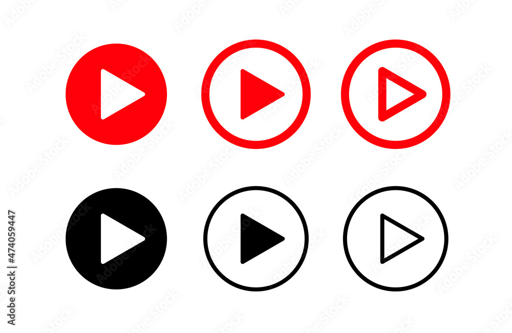 Play button icons set. Video and music play icon. A triangle within a circle is a media player symbol. Video and audio multimedia reproduction. Isolated raster illustration on white background. Play button icons set. Video and music play icon. A triangle within a circle is a media player symbol. Video and audio multimedia reproduction. Isolated raster illustration on white background.