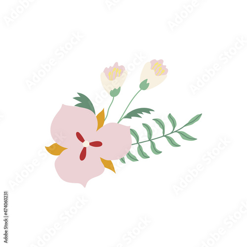 Fototapeta Naklejka Na Ścianę i Meble -  Small floral bouquet hand drawn flat illustration. Head of pink flower with branches with leaves and bell flowers. Vector isolated on white background. 