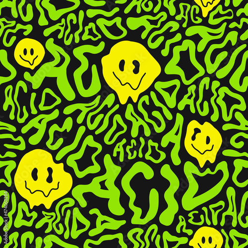 Deformed wavy acid word and melt smile face seamless pattern wallpaper.Vector graphic character illustration.Smile faces melt,lsd,surreal,acid,trippy lettering seamless pattern wallpaper print concept