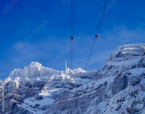 Mountain station of Saentis cable car in winter, seen from Schwaegalp. Appenzell, Switzerland.