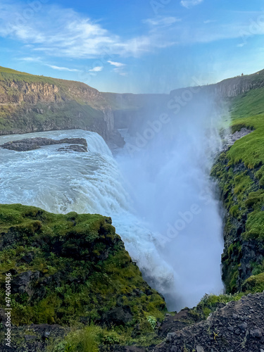 Beautiful aerial view of Iceland Gullfoss waterfall with a rainbow in the Golden Circule