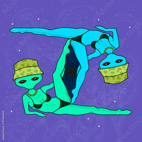 Alien sexy hot girls in space. Vector cartoon character illustration. Alien UFO girls,hot beauty sexy lady in bikini in cosmos print for t-shirt,poster,cover