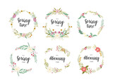 Set of floral wreath made of abstract flowers and leaves. Pretty elegant flat illustrations. Vector decorations isolated on white. Abstract illustrations inspired by wild meadow.