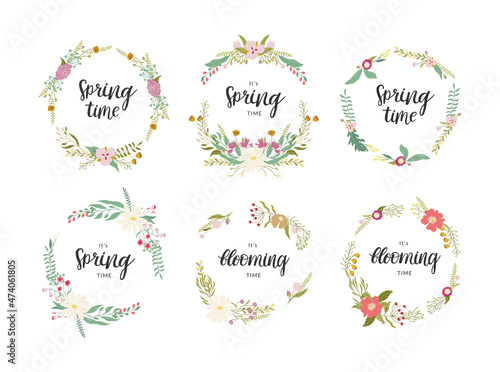 Set of floral wreath made of abstract flowers and leaves. Pretty elegant flat illustrations. Vector decorations isolated on white. Abstract illustrations inspired by wild meadow.