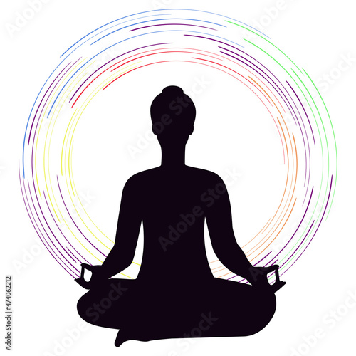 Yoga in silhouette Person practicing yoga in lotus meditative pose. Rainbow round  Vector illustration Isolated on white background