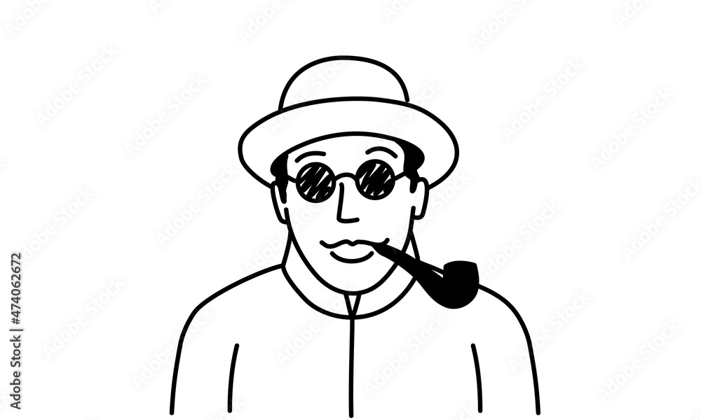 Portrait of a spy with glasses and a smoking pipe.