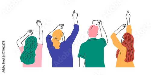 Group of people looking up and pointing with fingers.