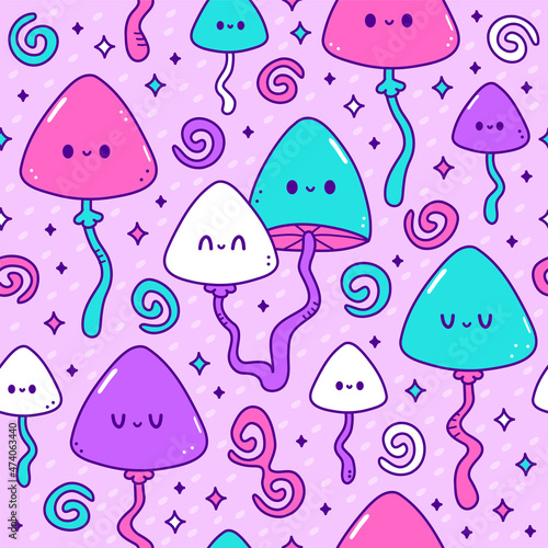 Cute happy smile magic mushroom,psilocybin seamless pattern. Vector cartoon character illustration.Hippie,magic mushroom,psilocybin,acid,groovy,60s,70s,psychedelic trippy seamless pattern concept