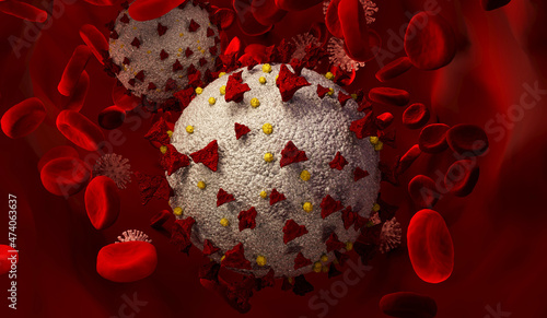 Coronavirus Covid19 omicron and blood cells. Pandemic concept of coronavirus influenza as dangerous flu. Microscope virus molecule close up. 3d rendering