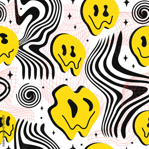 Deformed flex distorted grid,smile face,melt psychedelic acid seamless pattern.Vector graphic illustration.Psychedelic grid,distortion,techno,acid trippy text seamless pattern print