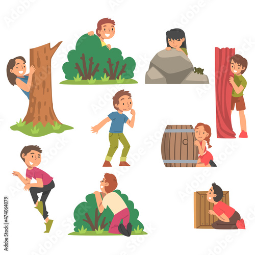 Kids Playing Hide and Seek Concealing Behind Tree and Bush Vector Set