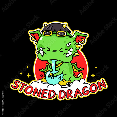 Cute funny dragon smoke weed with bong. Vector hand drawn cartoon kawaii character logo illustration . Stoned dragon quote. Dragon smoke marijuana, cannabis, weed character t-shirt print concept