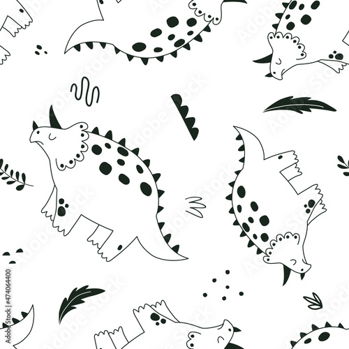 Seamless pattern with funny dinosaurs in hand drawn style. Creative childish texture. Outline hand drawing. Great for fabric, textile. Isolated on white background vector illustration