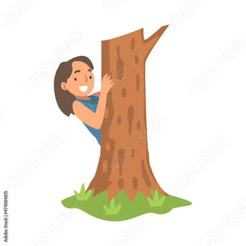 Little Girl Playing Hide and Seek Concealing Behind Tree Trunk Vector Illustration