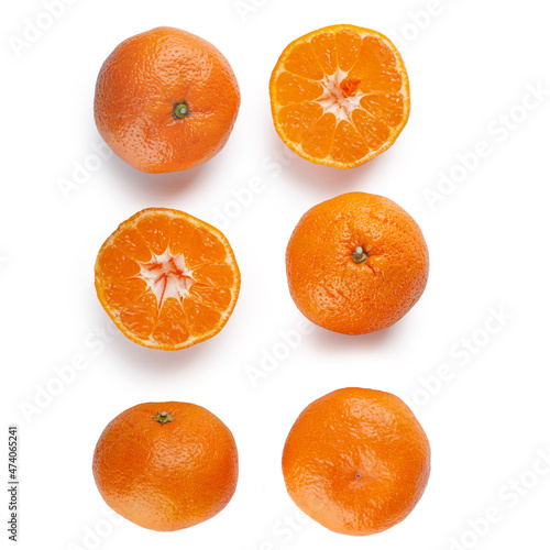 ripe orange tangerines on white isolated background in different angles