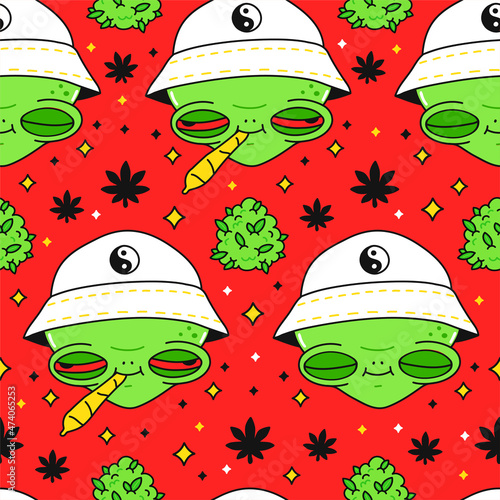 Cute funny happy alien smile face and weed marijuana joint seamless pattern. Vector kawaii cartoon illustration design. Cute alien,smoking weed marijuana joint,weed,cannabis seamless pattern concept