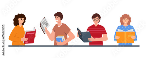 Set of happy reading people with paper books. Book lovers, readers, literature fans or students isolated on white background. Education, literature, knowledge flat or cartoon vector illustration.
