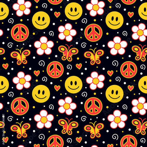 Cute funny kawaii smile face flowers hippie peace seamless pattern.Vector cartoon kawaii character illustration design.Positive vintage smile face chamomile flower hippie seamless pattern concept