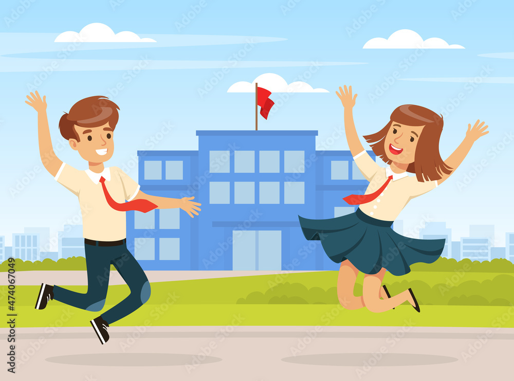 Back to School with Boy and Girl Wearing Uniform Jumping with Joy Vector Illustration Back to School with Boy and Girl Wearing Uniform Jumping with Joy Vector Illustration