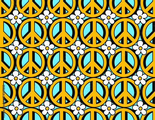 Hippie 70s pacifist symbol and flowers seamless pattern. Vector hand drawn line doodle cartoon illustration wallpaper. Trippy 70s lsd print,60s pacific circle,hippie symbol seamless pattern concept