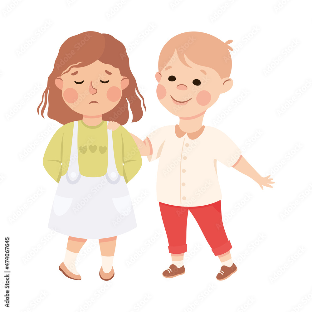 Little Boy Supporting and Comforting Sad Girl Friend Vector Illustration