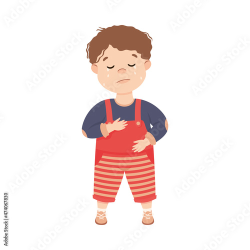 Little Boy in Jumpsuit Standing and Crying Feeling Sad Vector Illustration