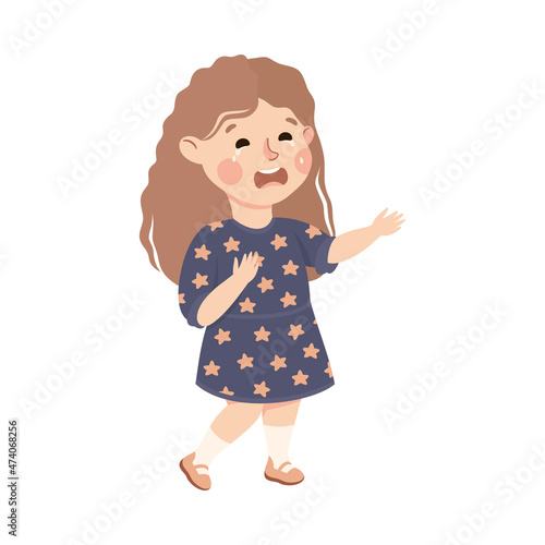 Little Girl in Dress Standing and Crying Feeling Sad Vector Illustration