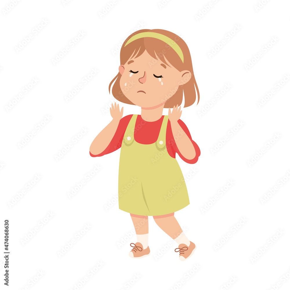 Little Girl in Dress Standing and Crying Feeling Sad Vector Illustration Little Girl in Dress Standing and Crying Feeling Sad Vector Illustration
