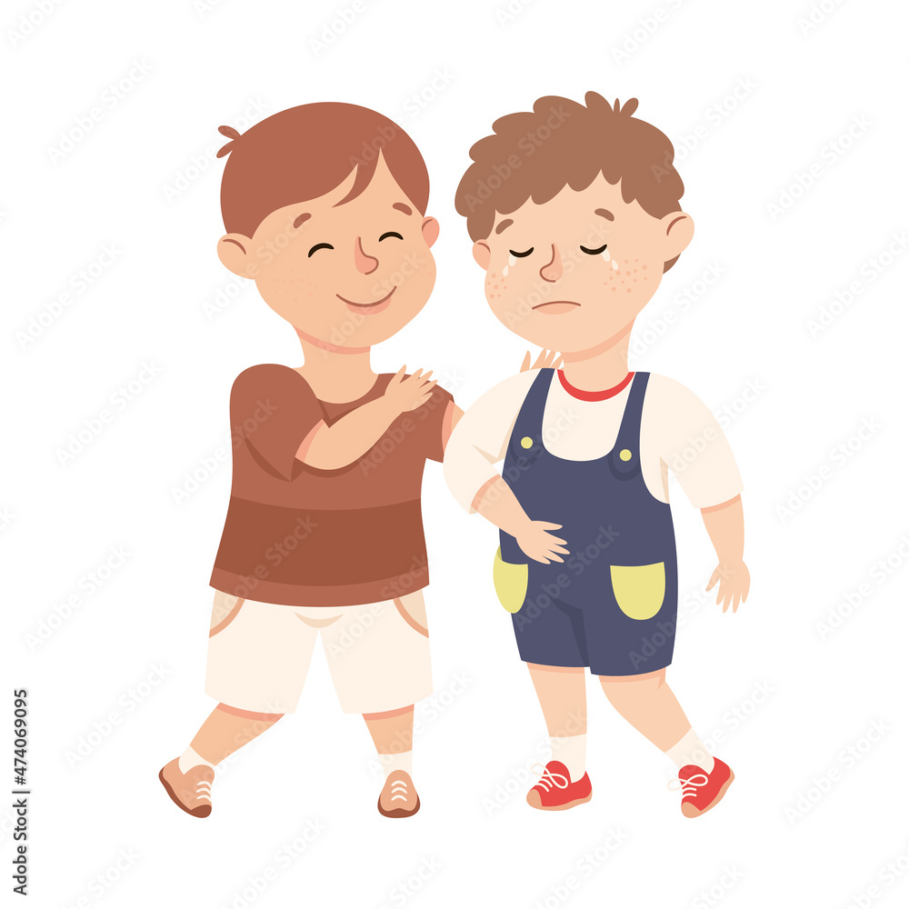 Little Boy Supporting and Comforting Crying Friend Vector Illustration