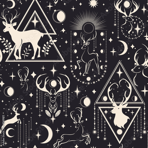 Seamless Pattern of Vector Deer Totem and Starry Night